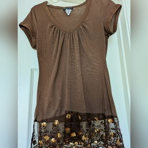 Y2K brown top w lace & sequins